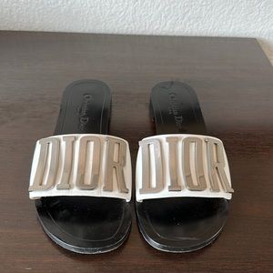 Dior Black Slide Sandals with White Strap and Silver Logo